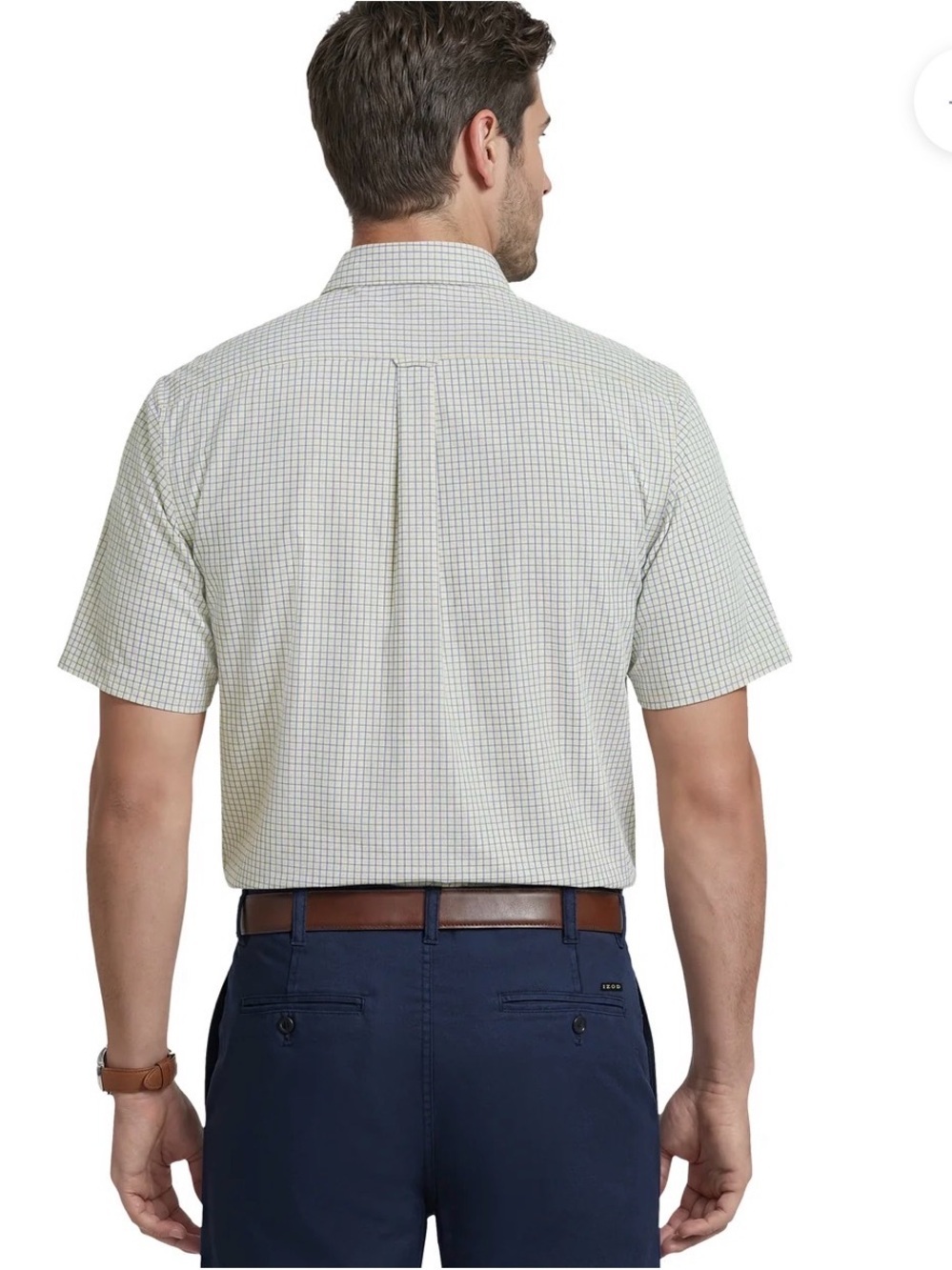 Izod Short Sleeve Button-Down Shirt in White and Blue Check - Picture 4 of 10